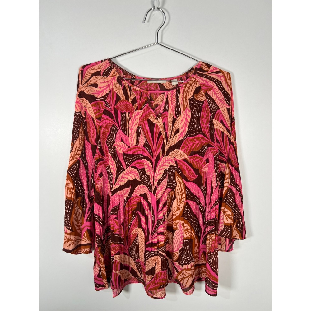 Sunny Leigh Pink Brown Tropical Leaf Pleated Feminine Babydoll Blouse XL